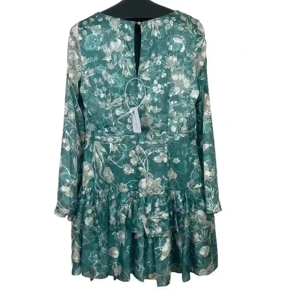 Marchesa Notte Long Sleeved V-neck Tiered Chiffon
Mini Dress in Sage - Picture 2 of 16